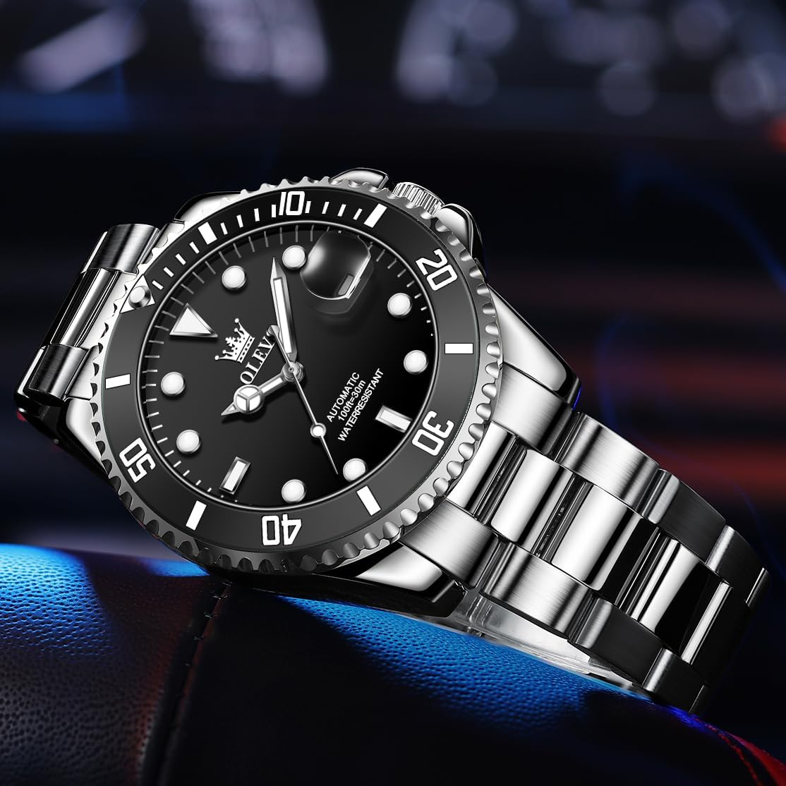 OLEVS Men's Automatic Watch, Large Face Easy to Read Stainless Steel Self Winding Dress Watch, Casual Rotating Bezel Luminous Hands Date Waterproof Mens Wristwatch, Blue/Green/Blac...