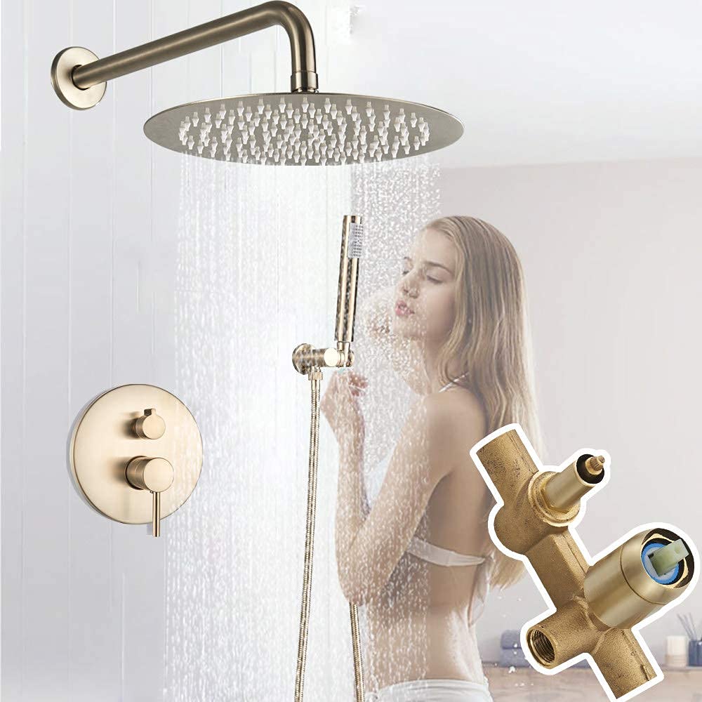 CWCQGH Shower System Brushed Golden Shower Mixer Faucet Concealed Rainfall Shower Faucet Set in Wall Brass Shower Mixer Valve 8/10/12/16,10 inch Shower Set,10 Inch Shower Set