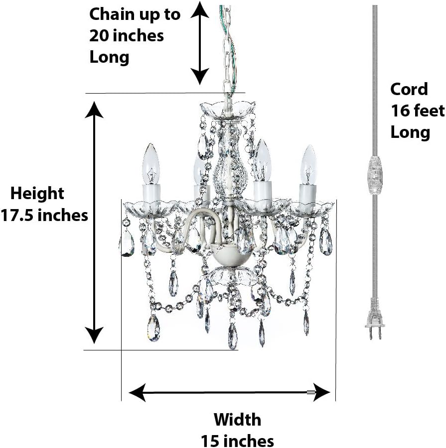 Plug-in 4 Light Crystal White Hanging Swag Chandelier H17.5”xW15”, White Metal Frame with Clear Glass Stem and Clear Acrylic Crystals & Beads That Sparkle Just Like Glass - - 