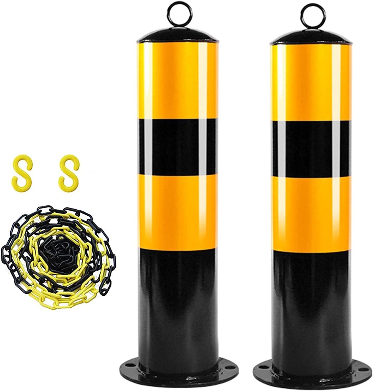 Safety Bollard Post Road Pile 2pcs Post and Chain Link Barriers, Yellow & Black Plastic Free Standing Safety Bollards，with S Hooks and Reflective Strips ，Easy Installation