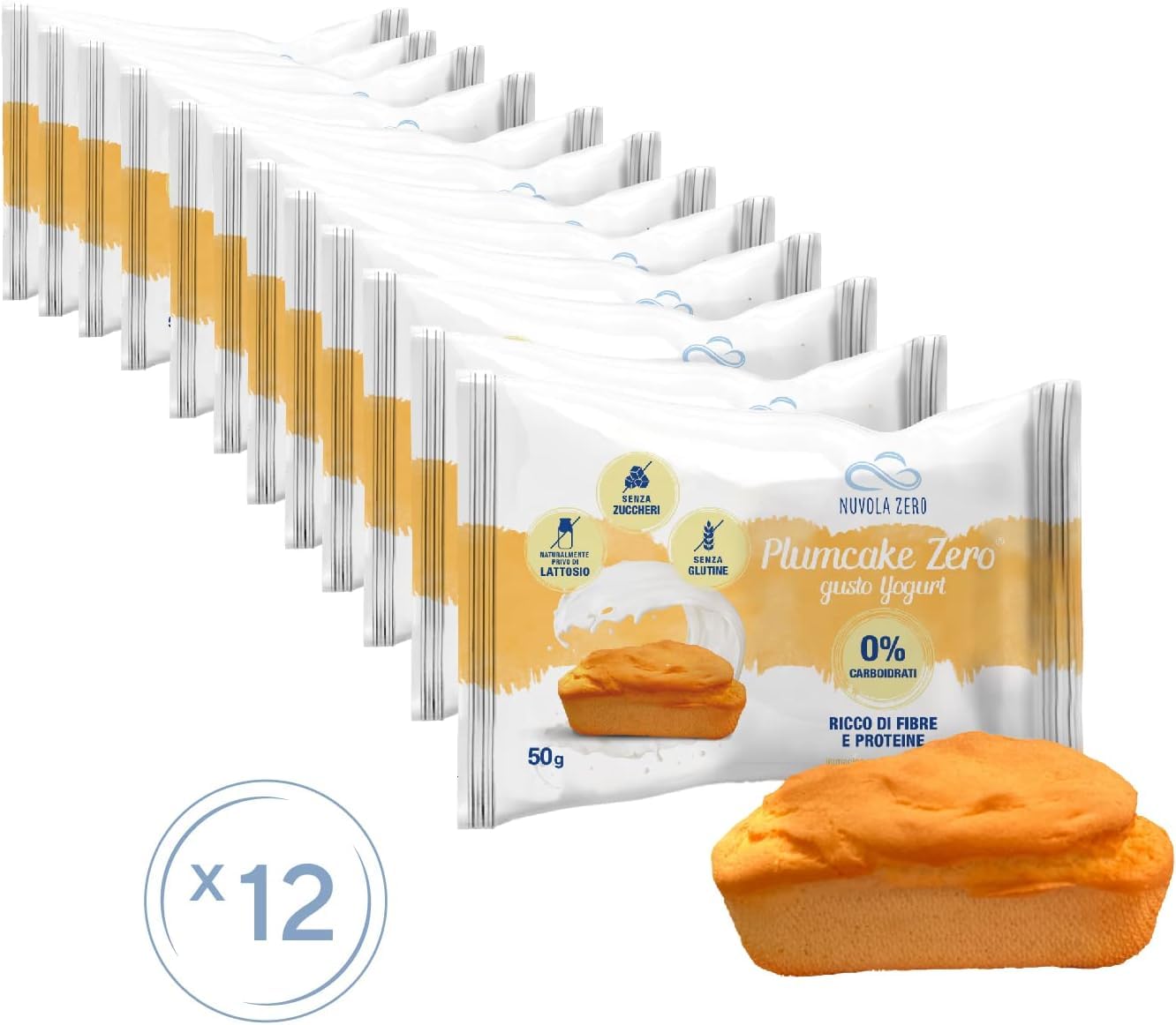 Nuvola Zero - Plumcake allo Yogurt Senza Carboidrati, Merendine Senza Lattosio, Senza Zuccheri, Senza Glutine, Ricco di Fibre, Confezione 12pz, Made in Italy