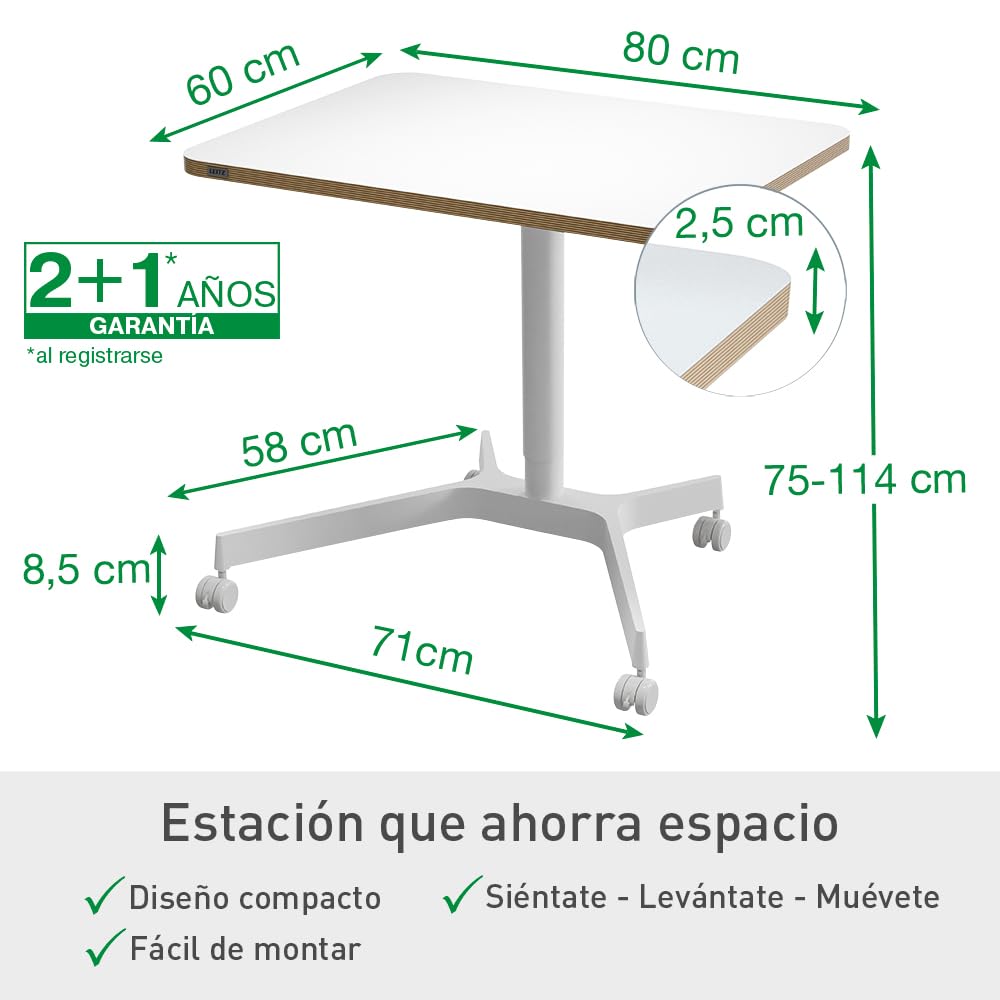 Leitz 65360001 - Escritorio Ergo Elevable Compacto, Ajuste de Altura Mediante Mecanismo Neumático, Carga de Hasta 20 kg y Ruedas Integradas, 80 cm x 60 cm, Gama Ergo, Manual Blanco