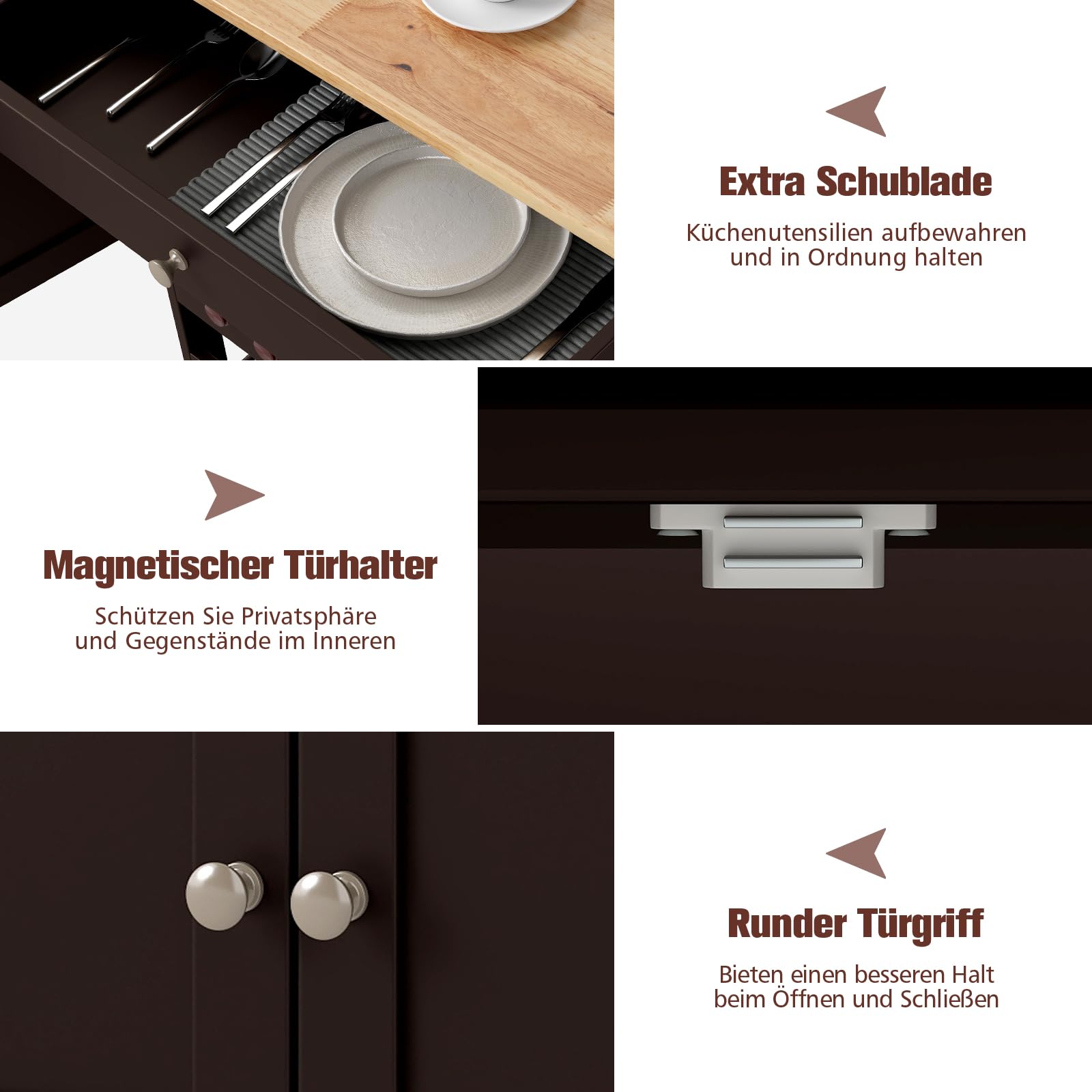 COSTWAY Küchenwagen auf Rollen, Servierwagen mit Schubladen & 3-stöckigem Weinregal & Arbeitsplatte, Küchentrolley Beistellwagen Küchenregal Küchenschrank Rollwagen Kücheninsel Holz (Braun)