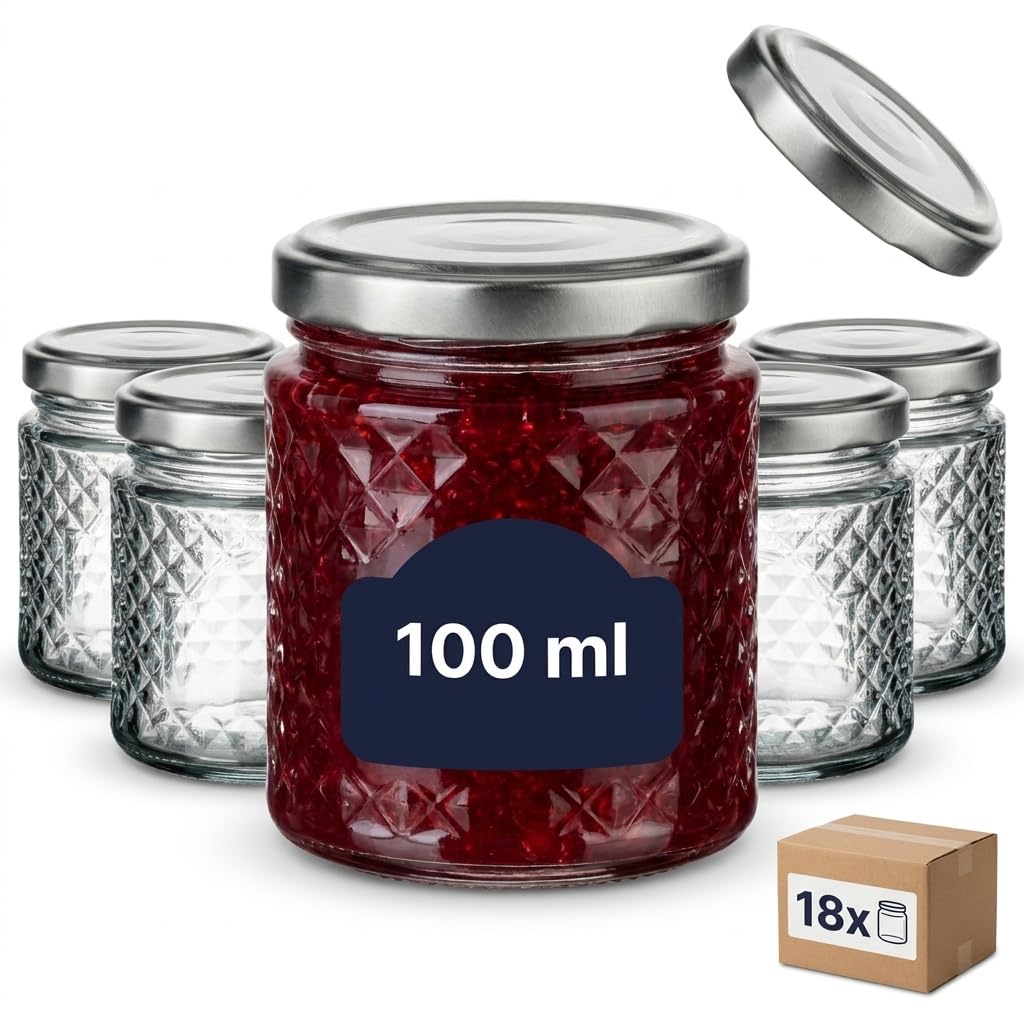 gouveo Set di 18 vasetti 100 ml rotondi in vetro cristallo con coperchio a vite argentato – Vasetti vuoti per conserve e conservazione – Piccoli barattoli decorativi con motivo a diamante (EGK150S)