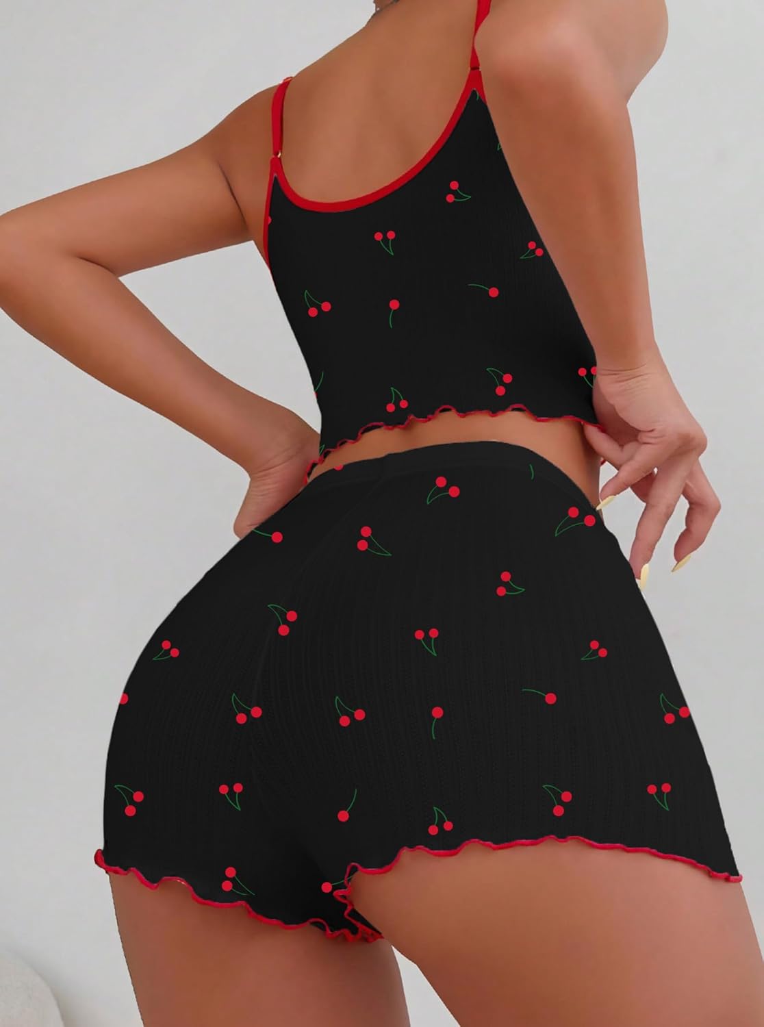 Hilinker Womens Graphic Print Ribbed PJ Set Crop Cami Tops and Shorts Cute Pajamas Set - Image 2