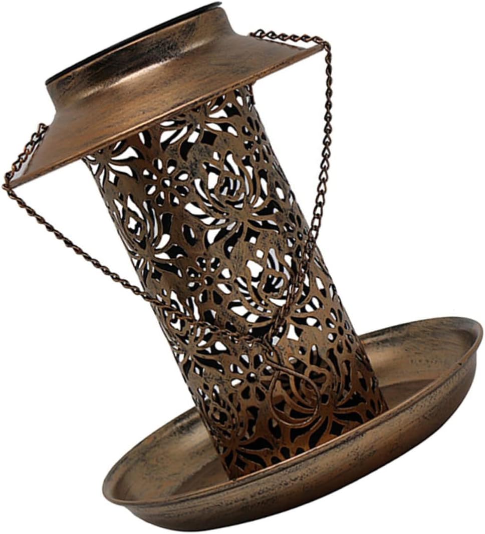 YARNOW LED Contenedor Casita para Pájaros Exterior Plástico Metal Patio Cobre Dispensador Hierro Antiguo Colgando Comida Jaula Comederos Salvaje Bandeja Luz Decoración Lámpara