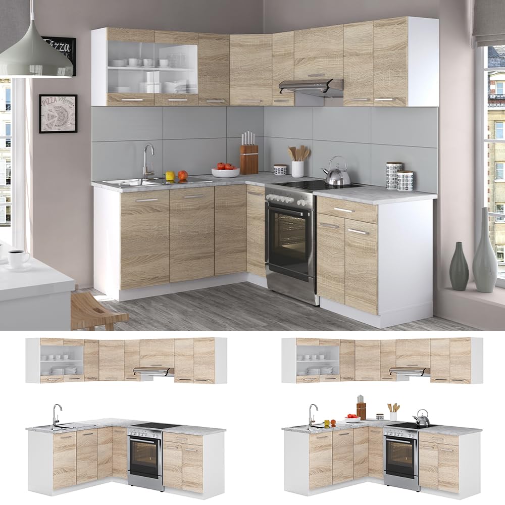 Vicco Cocina esquinera Rick, Sonoma/Blanco, 207 x 167 cm, ET Mármol, para disposición Flexible y ampliación Individual