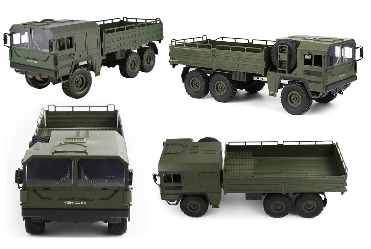 RTR RC LKW Militär Army Truck Komplett Off Road Lastwagen 1:16 Q64 6WD 2,4G Fernbedienung Modell Simulation Transporter Grün Geschenke für Jungen und Männer
