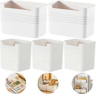 5 Pack Refrigerator Organizer Box, Plastic Refrigerator Side Door Storage Containers, Space-Saving Organizer Bins for Refrige, Refrige Drawers for Fruit and Vegetable (White, S×3+L×2)
