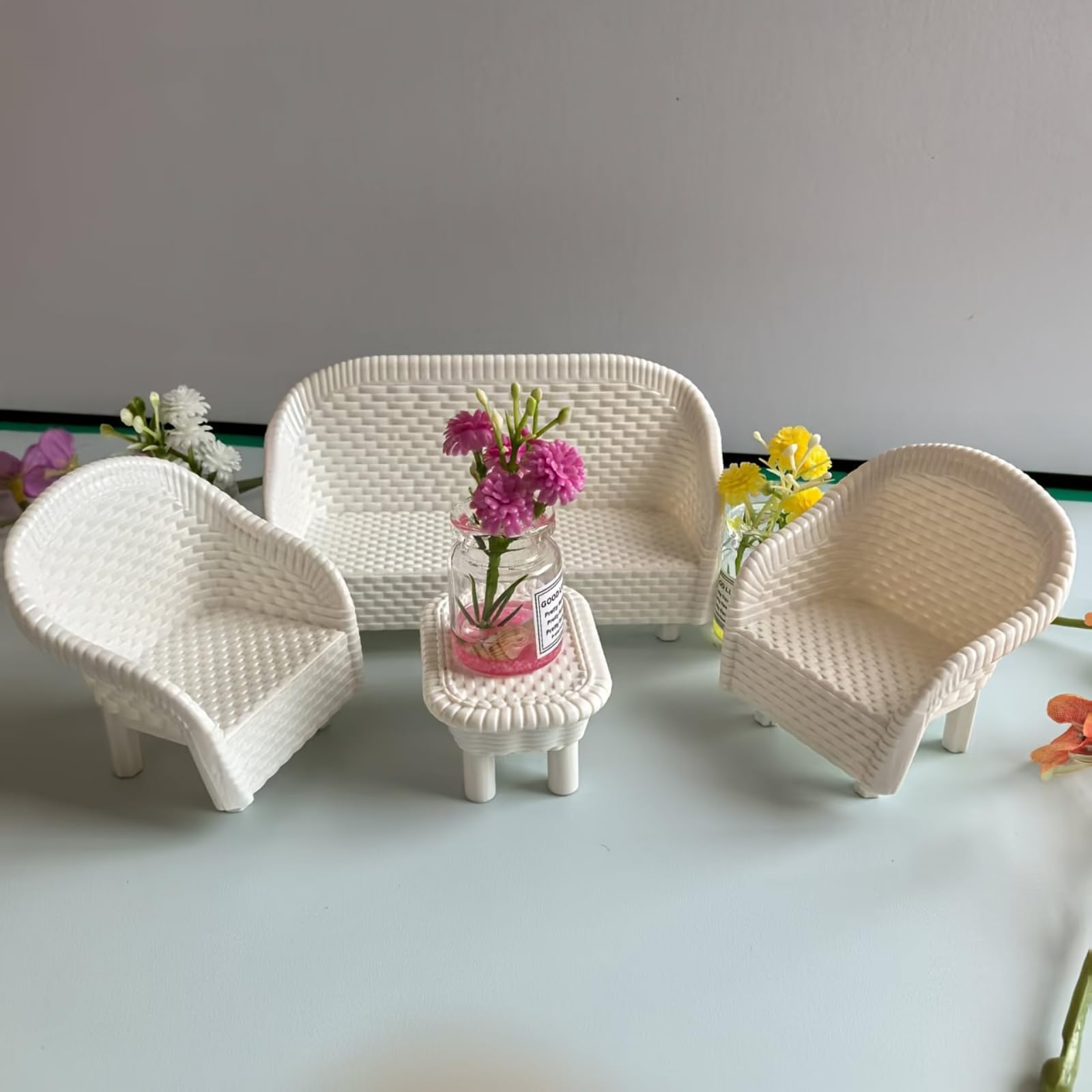 seteu 4 Pack Miniature White Wicker Tea Table and Chair - dollhouse accessories | Mubboo