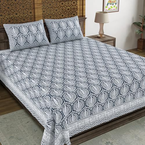 Image of BLOCKS OF INDIA Hand Block Printed 200 TC Cotton Super King Size Bedsheet (Blue Pine Tree)
