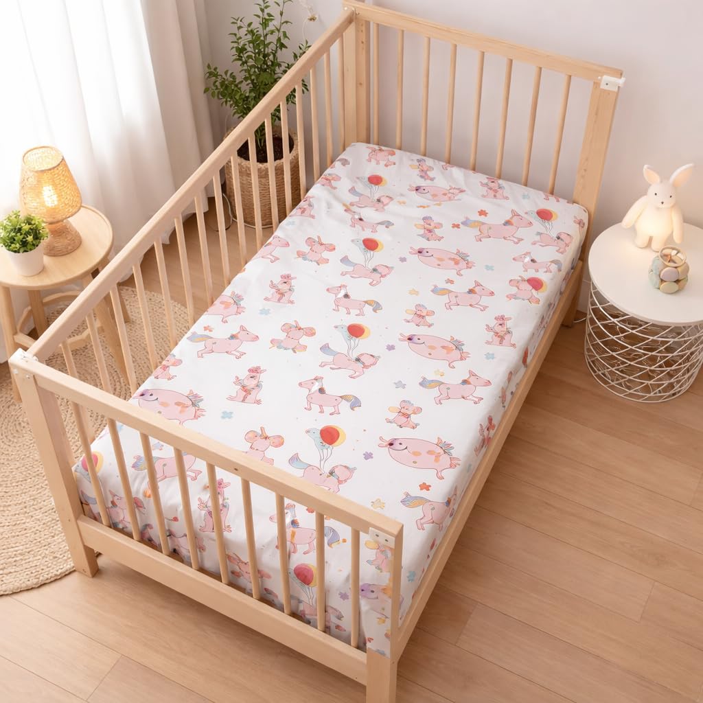 Fitted Cot Crib Sheet | Bed Sheets for Newborn Baby Crib Mattress | Deep Pocket All Round Elastic Fitted Crib Sheet for Baby| Size 132 cm x 71 cm | Crib Sheets - 28"x52" | Pink Unicorn