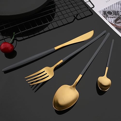 Miniatura 3 de JASHII Juego de cubiertos de 24 piezas para 6, cubiertos gris oscuro mate y dorado, incluye cuchillos, tenedores, cucharas, cucharadita de cubiertos