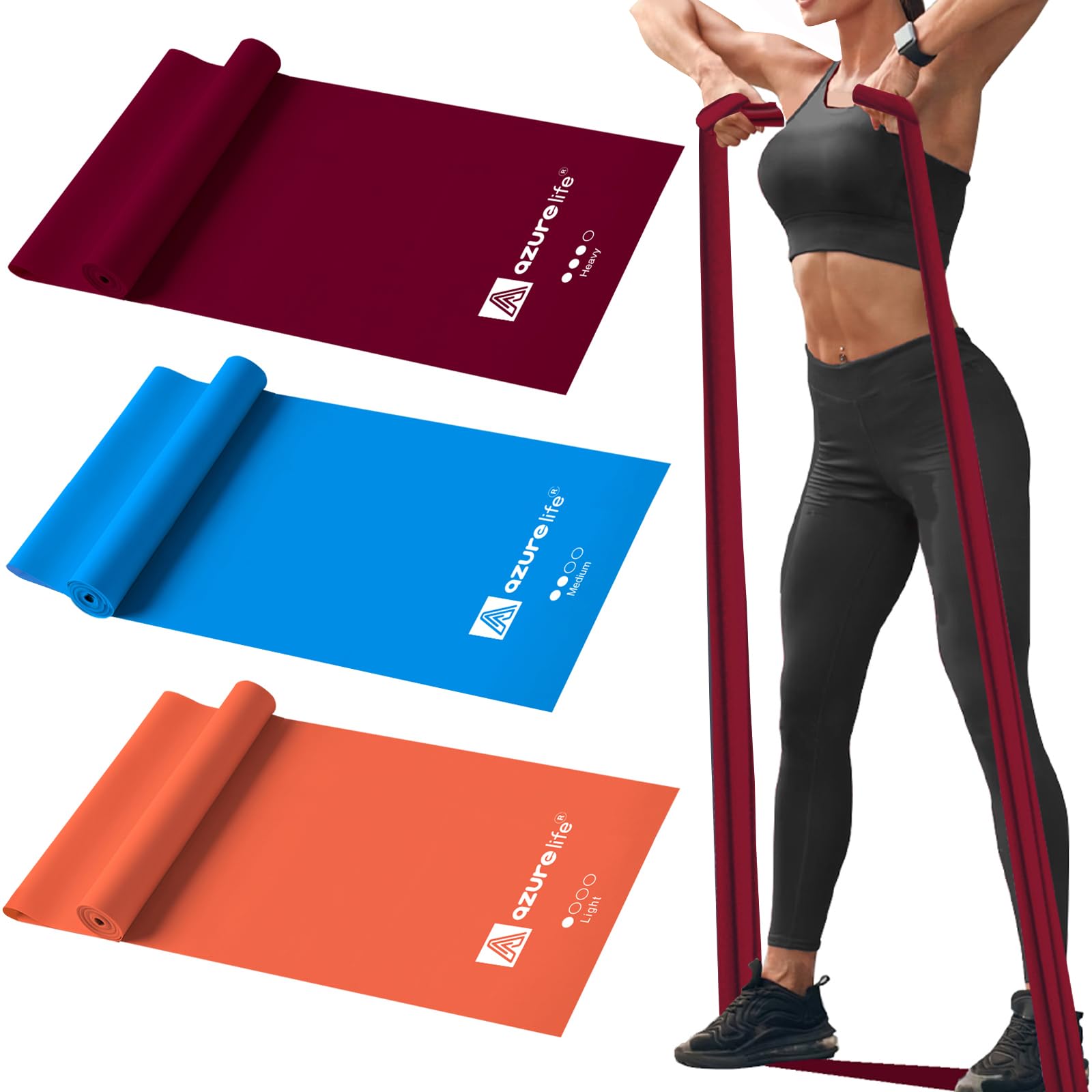 A AZURELIFE Resistance Bands,Professional Long Non-Latex Elastic Stretch Bands,Exercise Bands for Physical Therapy, Yoga, Pilates, Rehab, at-Home or