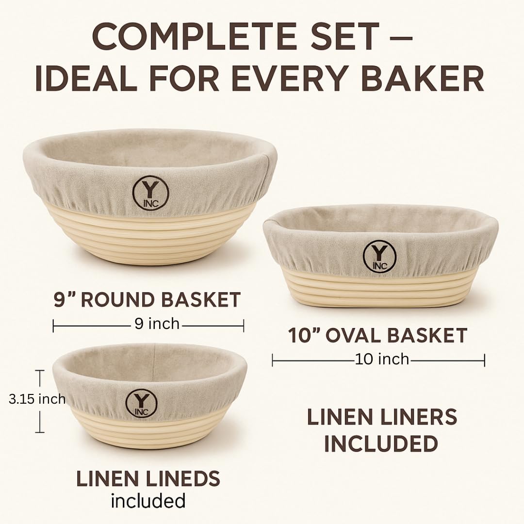 Y Inc. Set di 2 cestini per la lievitazione del pane, cestino ovale e rotondo (25,4 cm), cestini per lievitazione del pane, kit per la preparazione del pane.