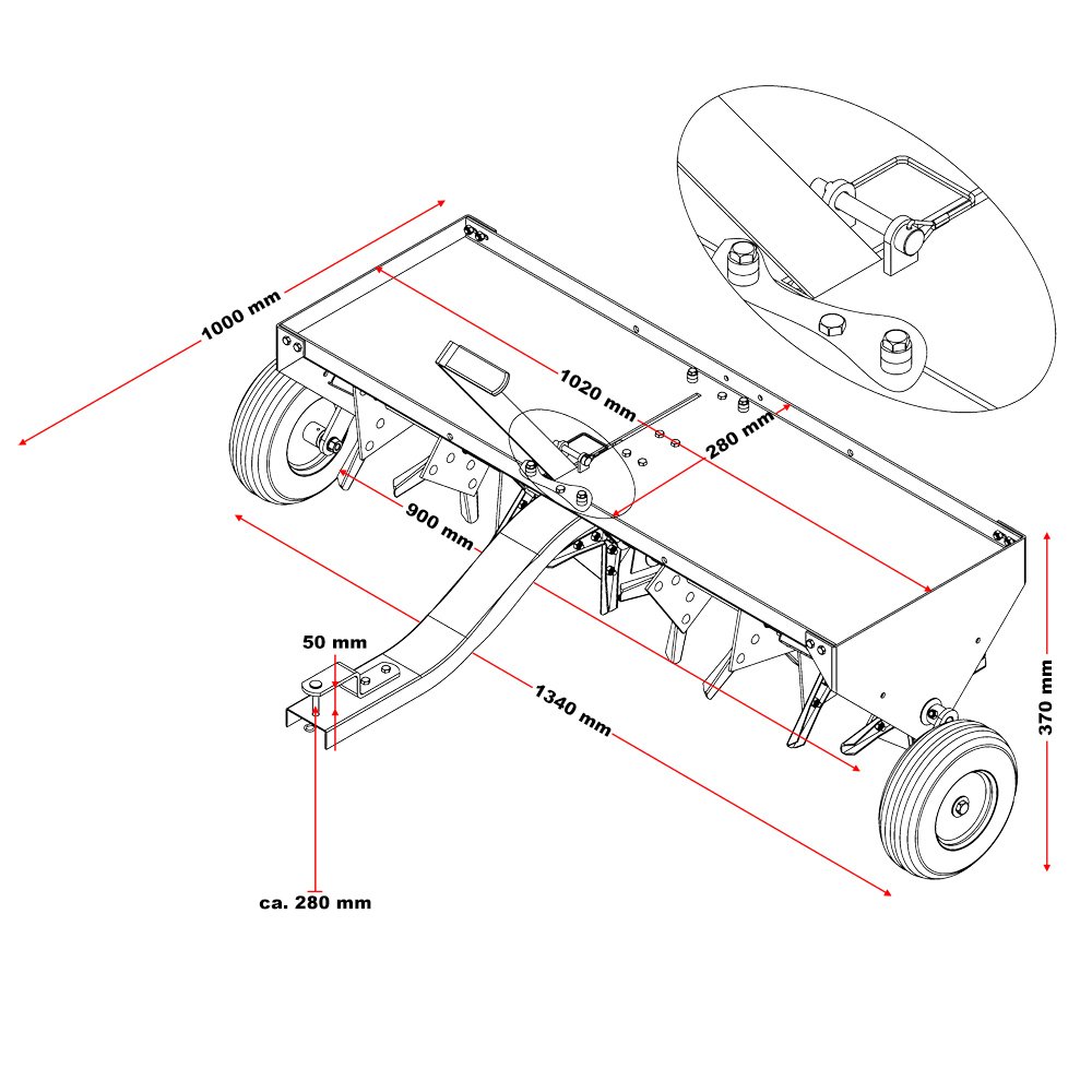 Wiltec Aerifizierer 90 cm Rasenlüfter 7,6 cm Arbeitstiefe Stahl Kupplung Rasentraktor