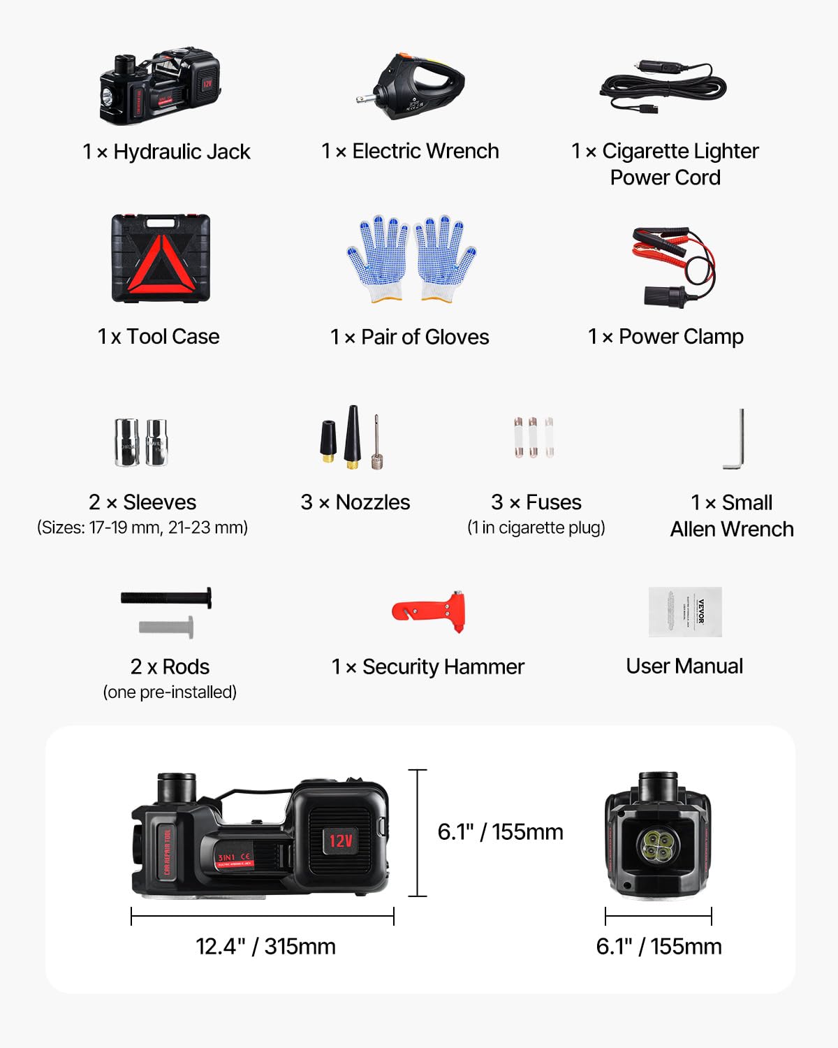 VEVOR Gato Eléctrico Portátil para Automóvil, 5 Toneladas, Gato de Tijera Eléctrico con Inflador Incorporado, 12 V con Llave de Impacto Eléctrica y Luz LED, para Sedán, SUV, Camión, 315 x 155 x 155 mm