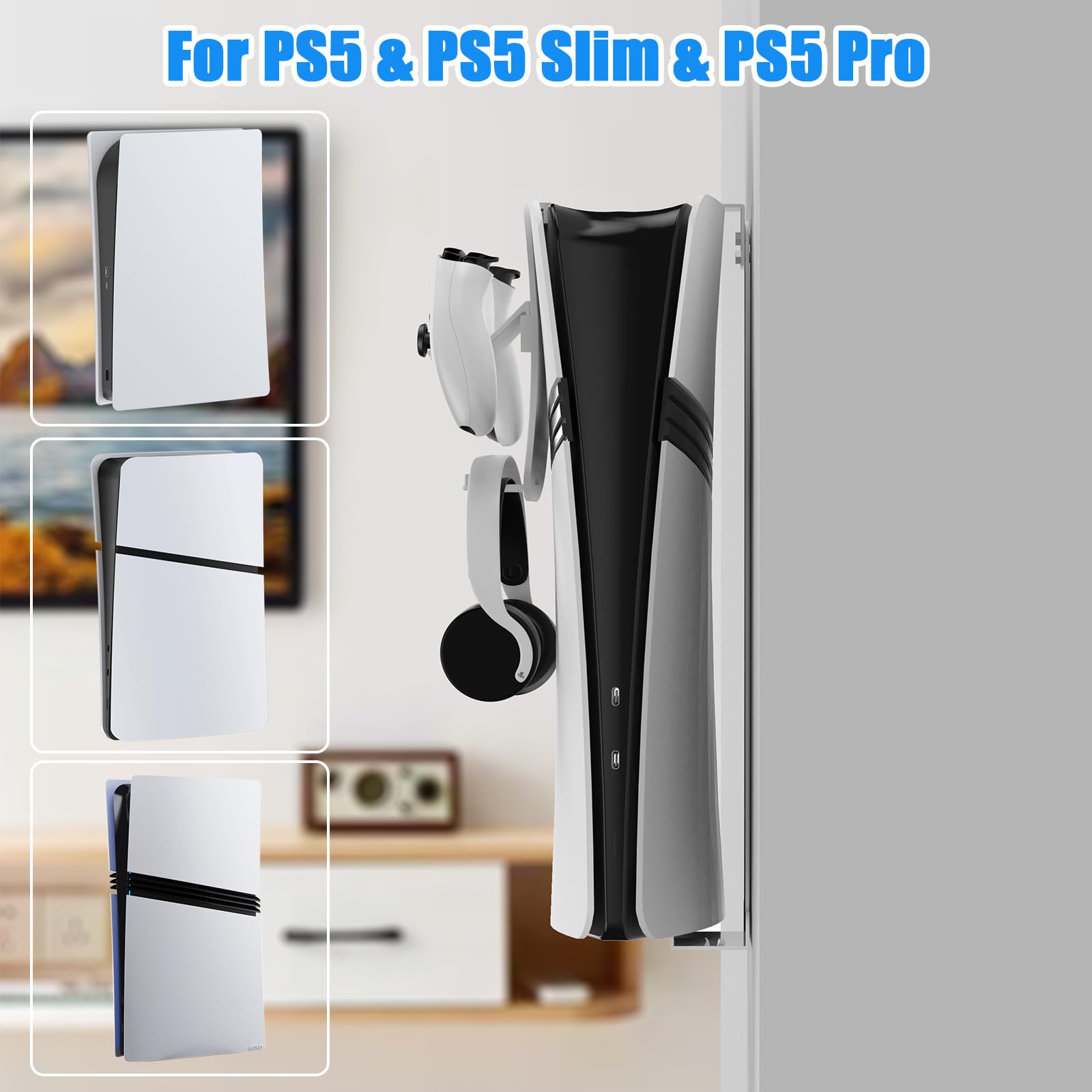 Supporto da parete per PS5 Slim, staffa da parete per PlayStation 5 Slim Staffa per montaggio a parete per PlayStation 5 Slim in acciaio robusto con Supporto per cuffie del controller (Bianco)