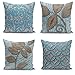 Zestaw 4 poszewek na poduszki z brązowym liściem i niebieskim tłem – tradycyjny wzór, dekoracja sofy do spania, kwadratowe, 4 poszewki na poduszki, zestaw czterech poduszek (43 x 43 cm – 55 x 55 cm), 43 x 43 cm