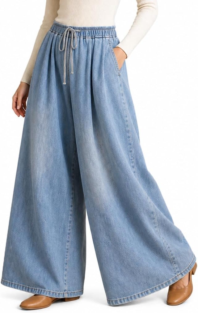 Women's Wide Leg Jeans Elastic Waist Drawstring Baggy Denim Pants with Pockets High Waisted Loose Fit Plus Casual Jeans