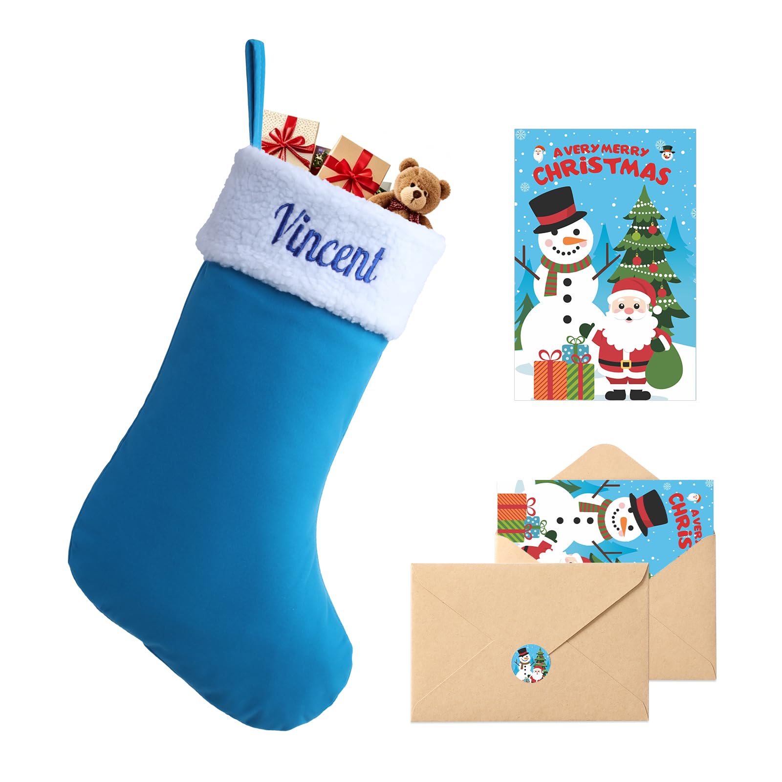 Loosusu Personalised Christmas Stockings with Christmas Cards,Custom Embroidered Name Monogram Christmas Stocking for Family,18" LightBlue Flocking with Plush Cuff Stockings for Fireplace Decor