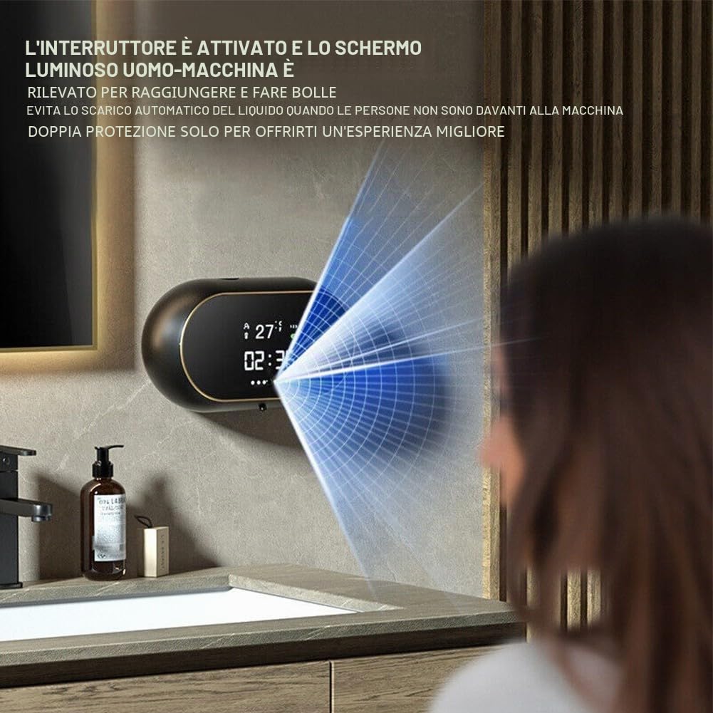 Dispenser automatico di sapone da parete, senza contatto, ricaricabile tramite USB, con sensore IR, temperatura oraria, 450 ml, per cucina e bagno (gel nero)
