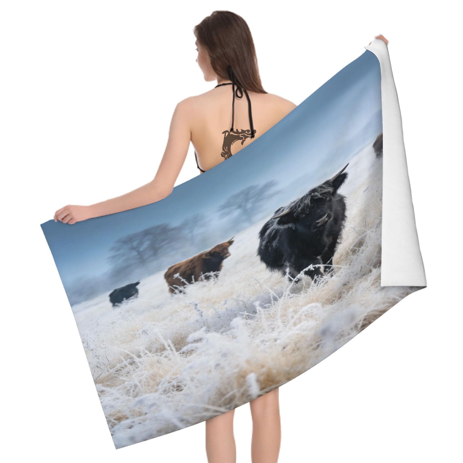 Leichong 3D Highland Cattle Beach Towel Microfiber Soft Quick Dry for Adults, Farm Bath Towel Lightweight Soft Absorbent for Travel Swimming Pool Sports, 75 x 150 cm