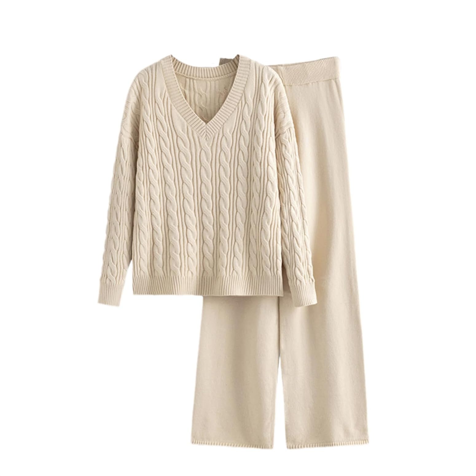 Ensemble Costume Tricoté pour Femme Ensemble Lounge 2 Pièces à Manches Longues Pull Pantalon Long à Jambes Larges Ensemble de Jogging Large Survêtement Ensemble Loungewear Tendance