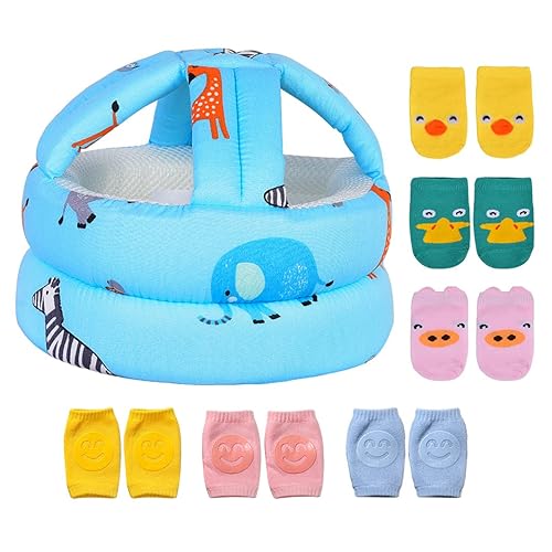 Miniatura 1 de Casco ajustable para bebé, ligero y suave, con 3 pares de rodilleras para gatear y 3 pares de calcetines de bebé, ideal para el bebé que aprende a