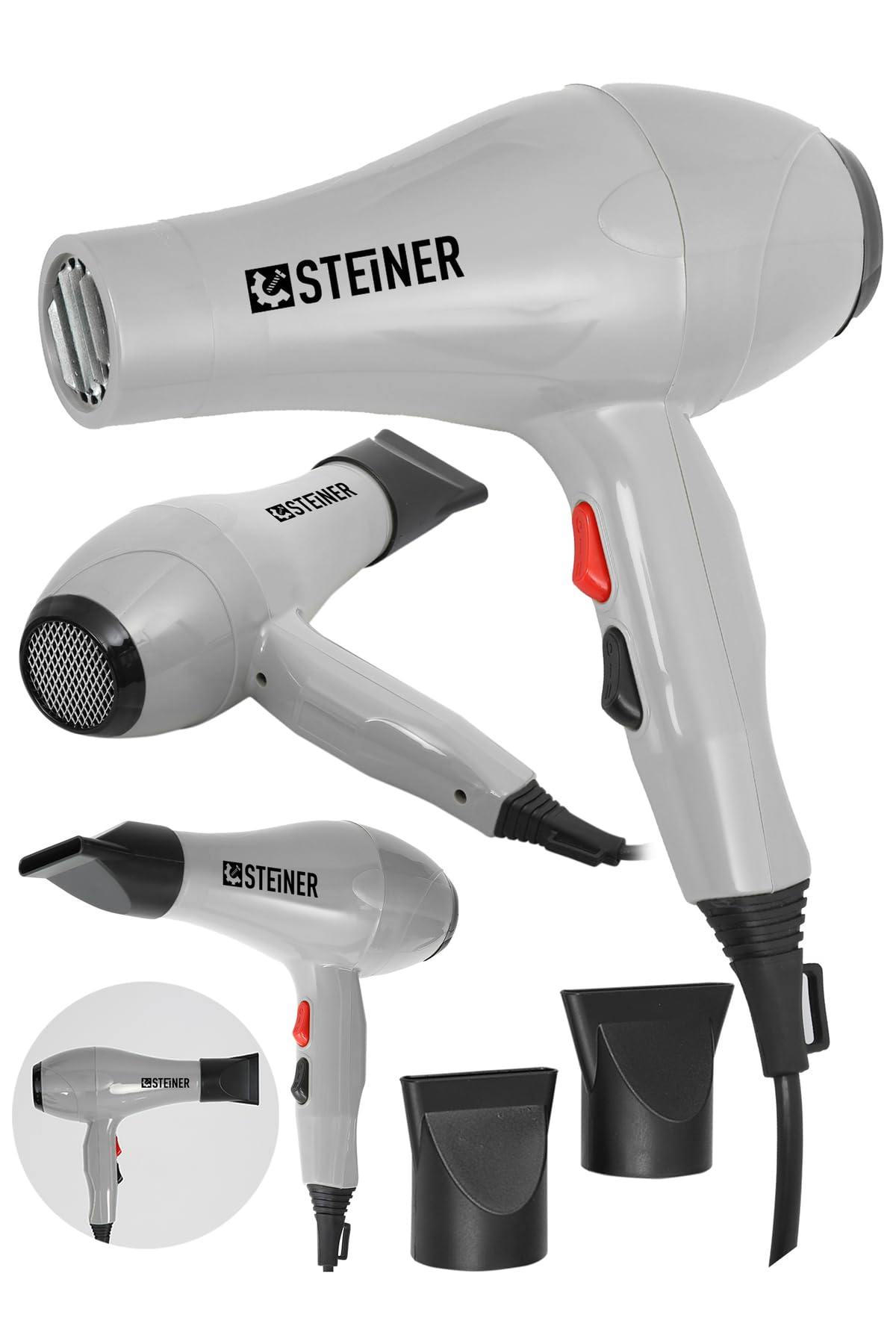 Steiner 3800 Watt Profesyonel Saç Kurutma Makinesi Fön Makinesi Ac Motor Gri+ 2 Adet Başlık
