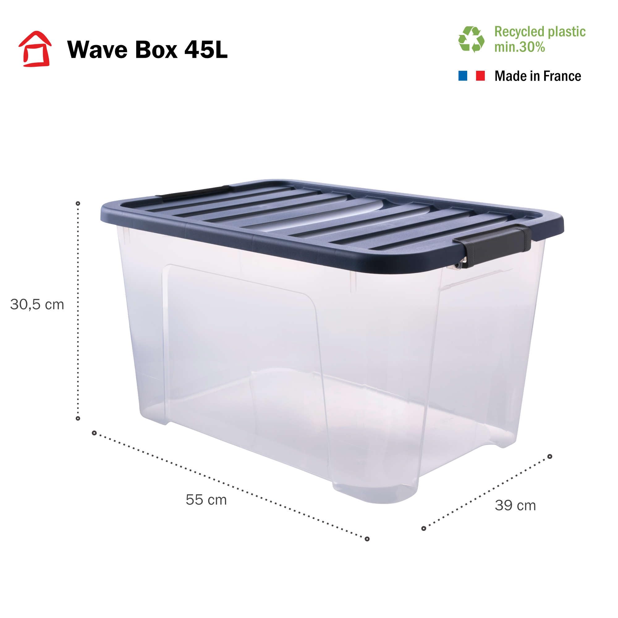 Sundis Wave Box, 6 cajas almacenaje con tapa, 45L, apilables | Plastico transparente, clips de cierre, ideales para para ordenar el dormitorio, los juguetes, la oficina, el ático