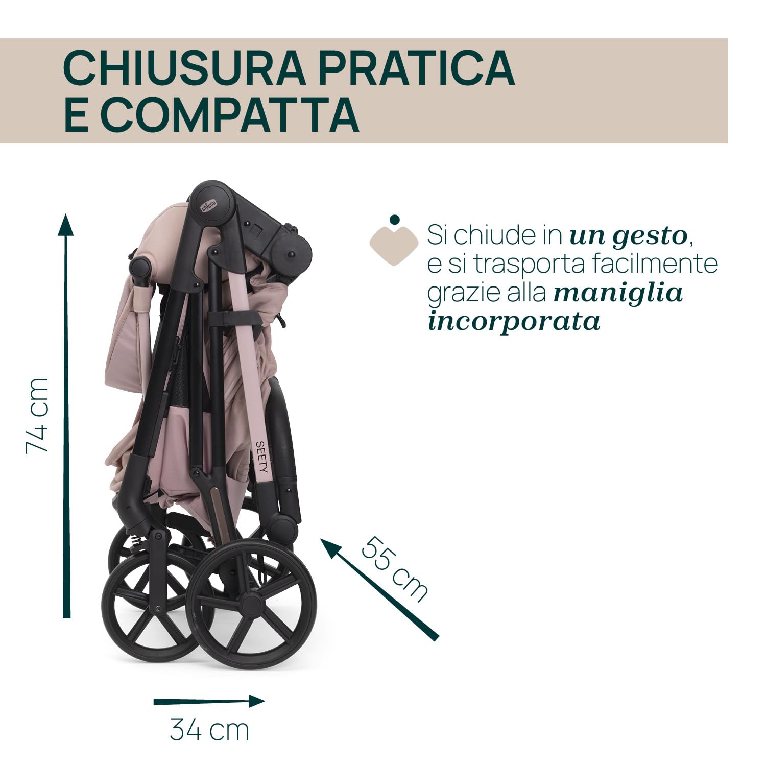 Chicco Passeggino Seety, Passeggino Leggero e Compatto Da 0 Mesi a 4 Anni, Portata Max 22kg, Passeggino Pieghevole, Schienale Reclinable, Chiusura Automatica in 1 Gesto, Capotte Parasole e Parapioggia
