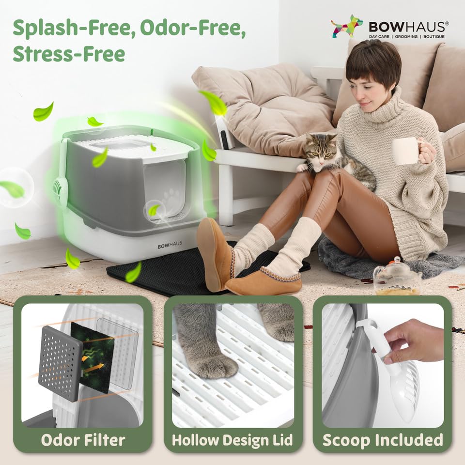 Fully Enclosed Cat Litter Box w/Lid, Scoop, Litter Mat & Odor Fitter, Large Plastic Cat Toilet with Double Door, Anti-Splashing Gato Litter Box with Lockable Front Door, Beige/Pink