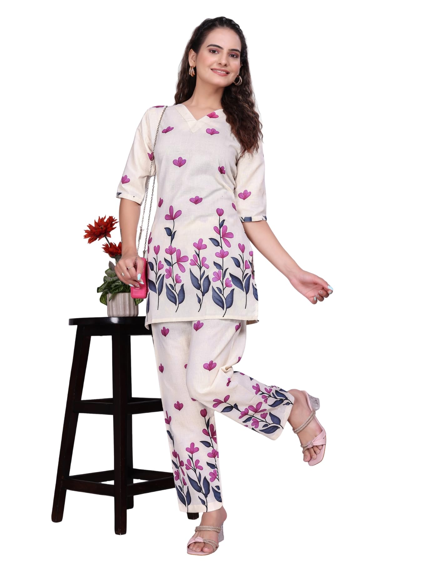 Cotton Floral Women Co Ord Set Cream Printed Two Piece Outfit with Top and Full Length Pant for Daily-image-11