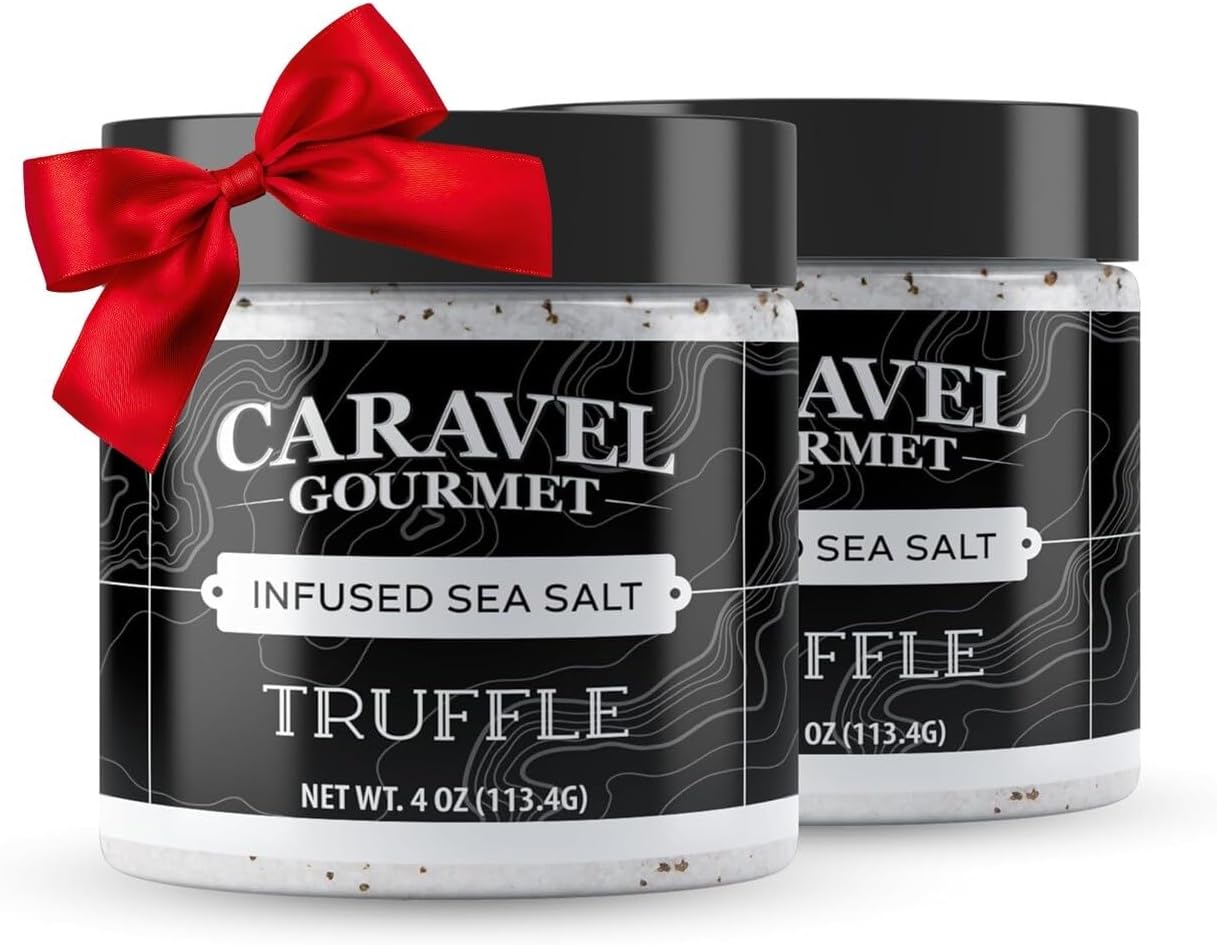 Italian Black Truffle Sea Salt, Natural Black Truffle Salt for Soups and Sauces, Smooth & Rich Truffle Infused Gourmet Salt, 2 Packs of 4 oz Jar, Caravel Gourmet