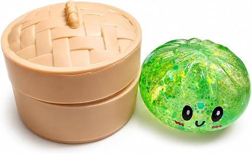 Squishy Dumpling Stress Ball Toy with Bamboo Steamer Box, Green | Slow Rising Squeeze, Kawaii Face Design, Kids Sensory Toy, Includes Steamer Lid, Satisfying Squish