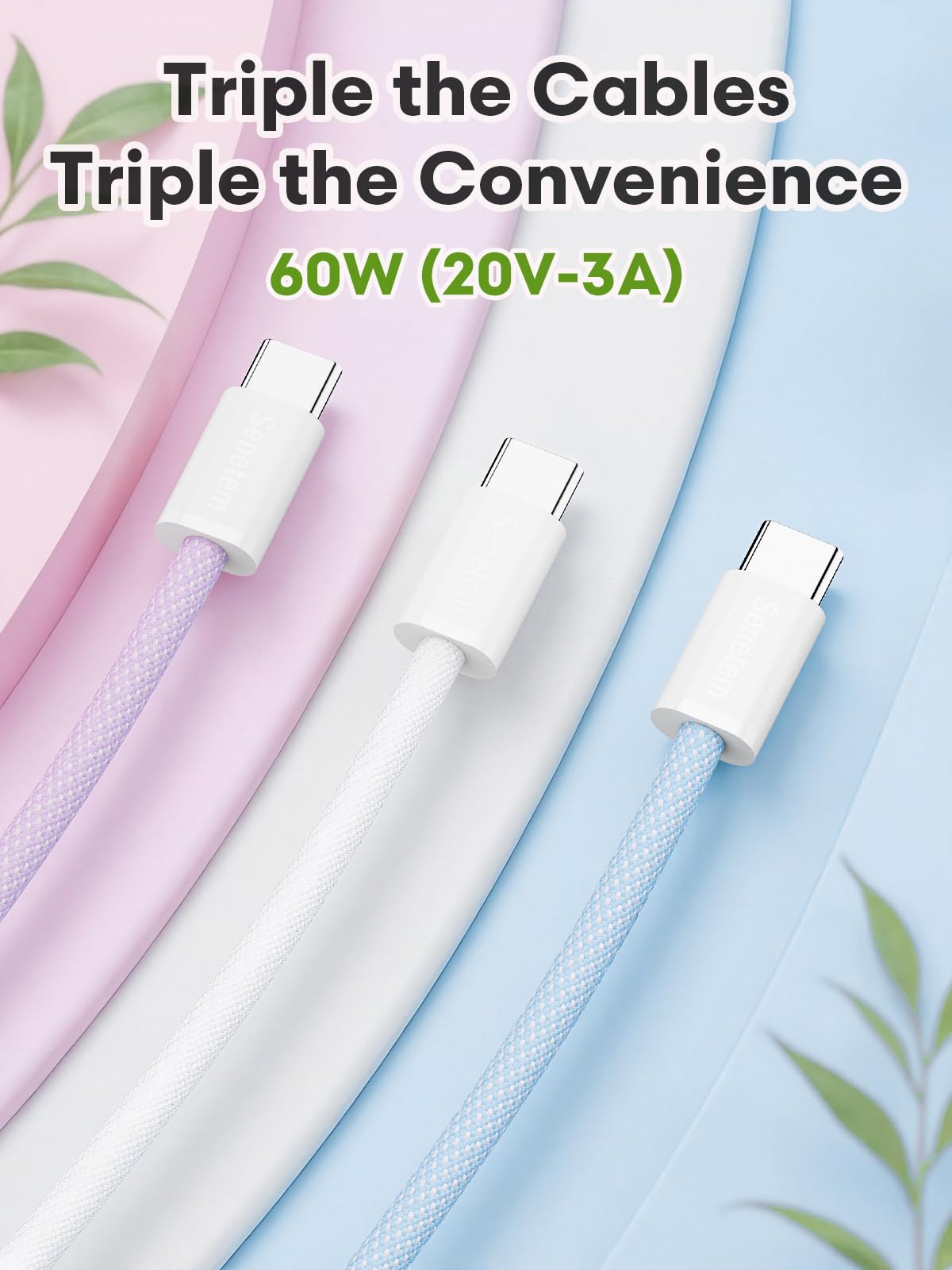 Kabel USB C na USB C, 3 szt., 60 W (20 V/3 A), długi przewód do szybkiego ładowania do iPhone'a 15 16 Pro Max Plus, Samsung Galaxy S24/S23 S22, MacBook/iPad/Pixel/Apple/Android USB-C