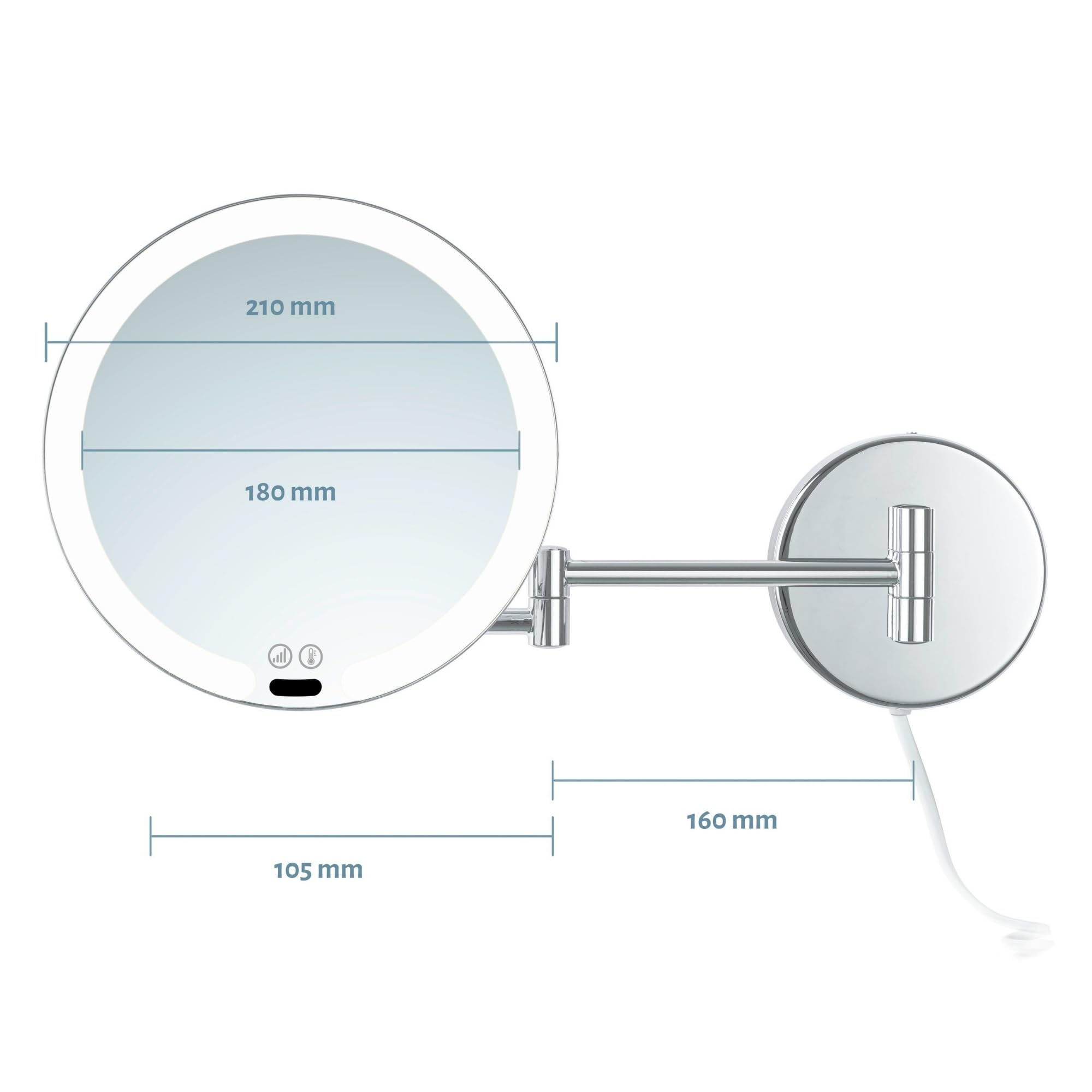 LED Kosmetikspiegel Vittoria – 7-facher Vergrößerungsspiegel mit Sensor & Dimmer – runder Schminkspiegel mit automatischer LED-Beleuchtung, ausziehbarem Gelenkarm & weißem Kabel, Wandmontage