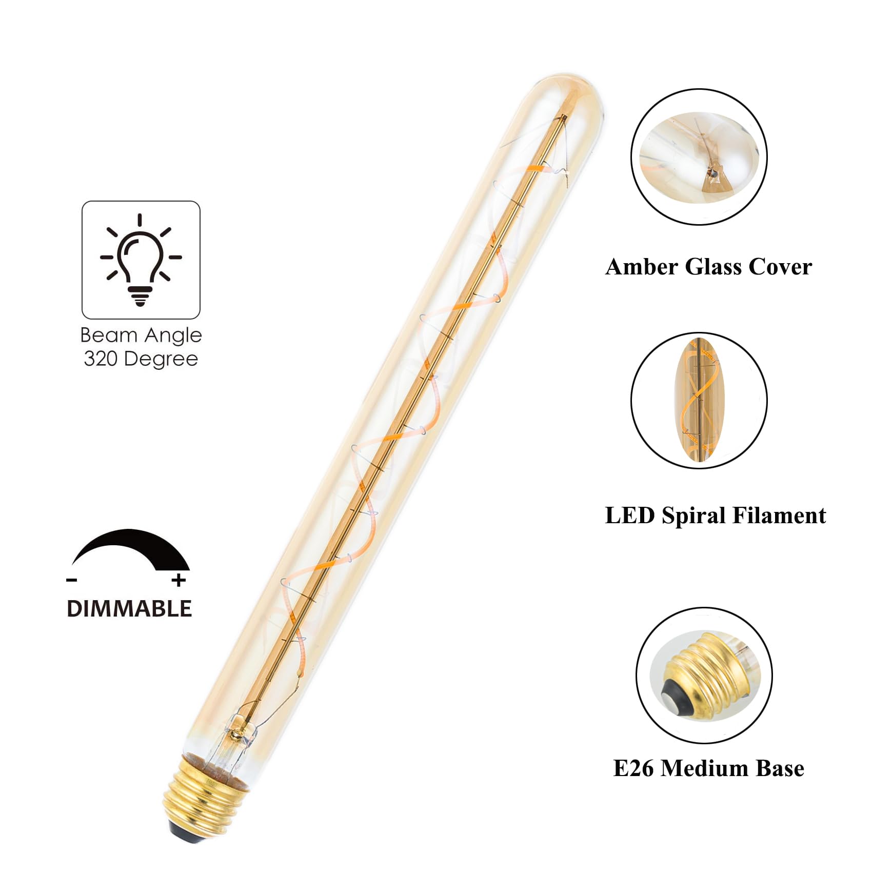 T300 T10 Long Tubular Light Bulb 40 Watt Equivalent E26 Base Amber Vintage Edison Bulb 4W Dimmable Tubular — view 3