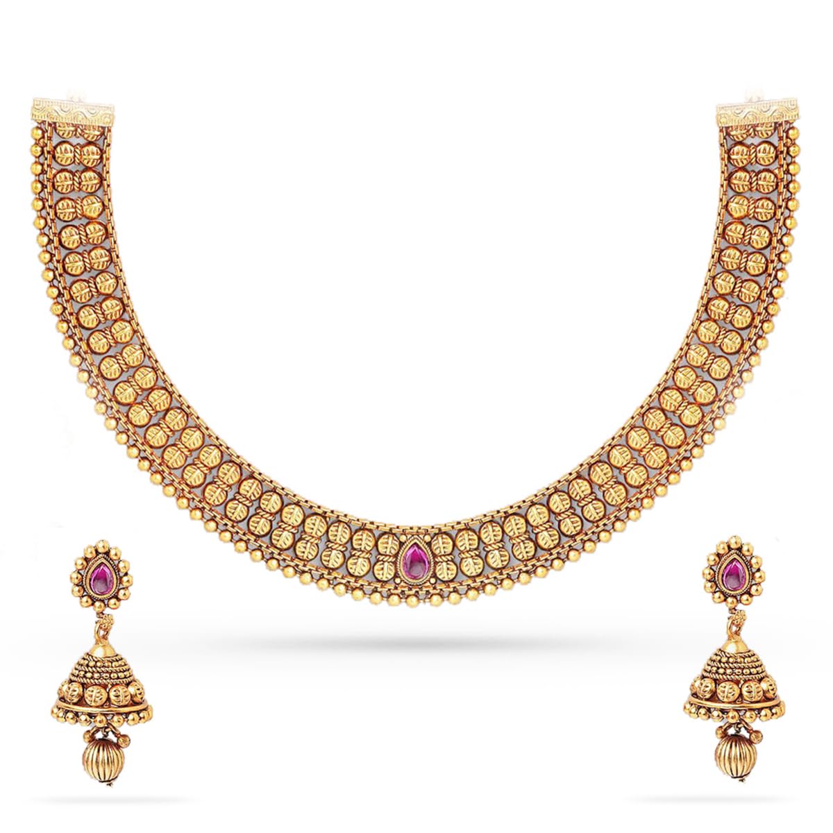 Sponsored Ad - Gold-Plated Pink Stone-Studded Beaded Handcrafted Temple Jewellery Set For Women