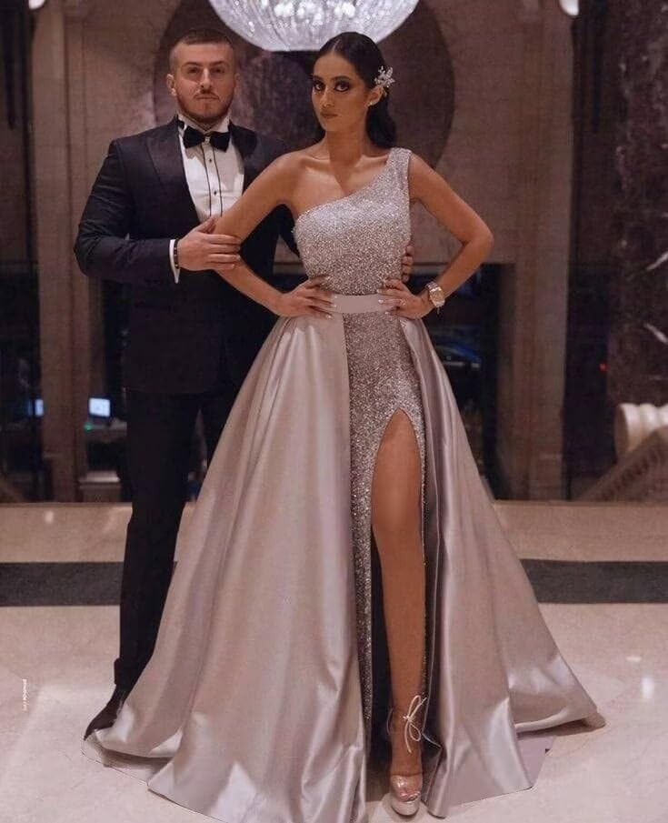One Shoulder Sequin Prom Dresses Satin Ball Gown with Slit Detachable Evening Party Dress3