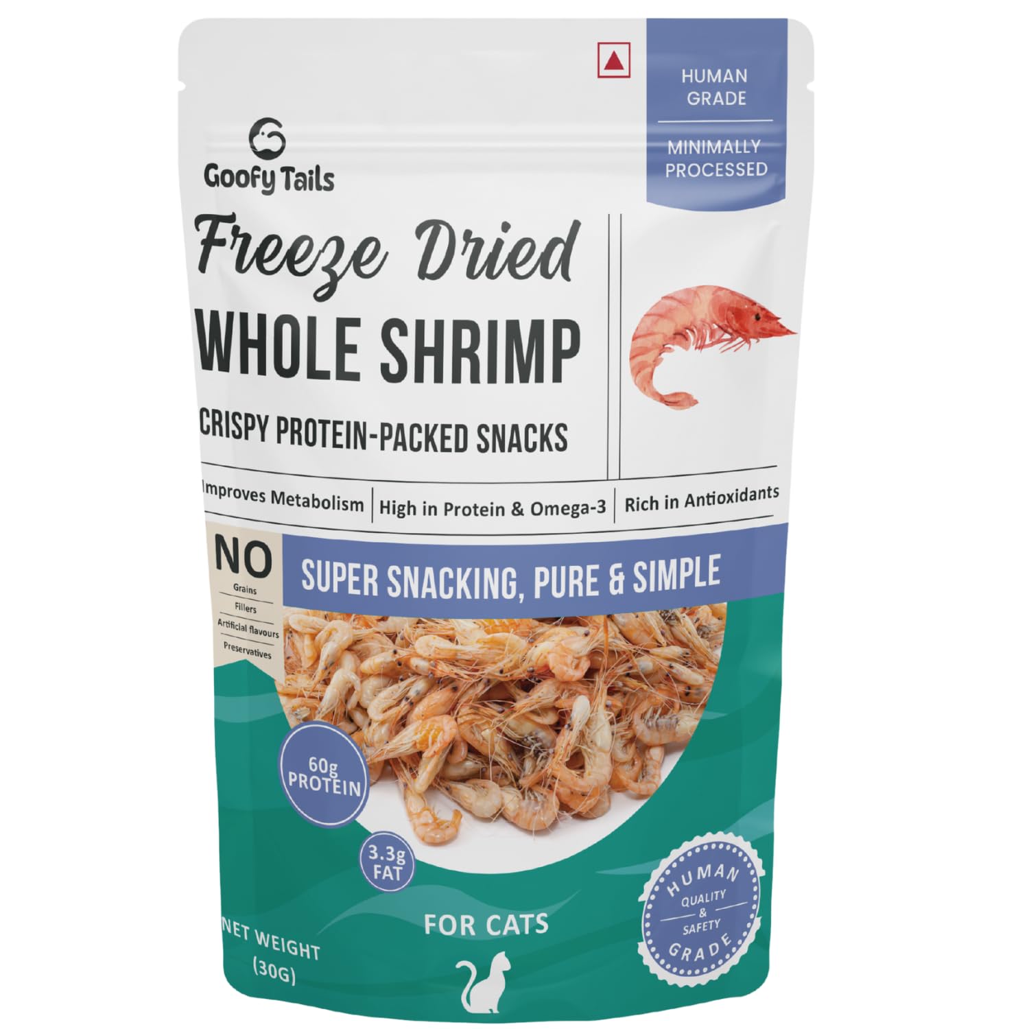 Goofy Tails Freeze Dried Shrimp Cat Treats 30g, Single Ingredient Shrimp Cat Treat, Gluten and Grain Free Treats for Cats, Protein and Omega 3, Antioxidant Rich, Easy to Digest Kitten Treat