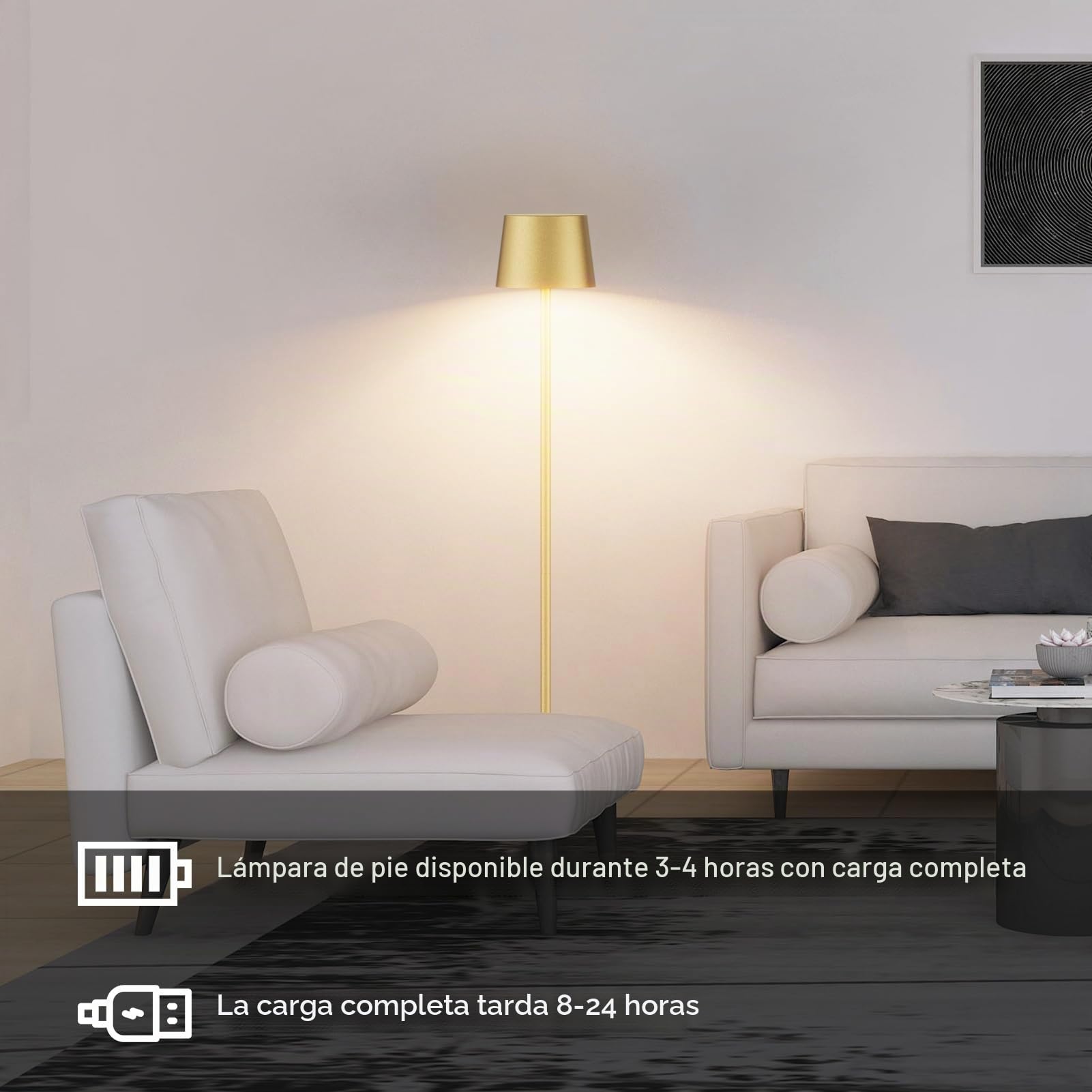 K-Bright Oro Lámparas de Pie Dimmer, 4W Lampara LED de Pie,Lámpara de pie recargable con pilas,Lámpara de pie de lectura con control táctil para iluminación interior exterior(Dorado)