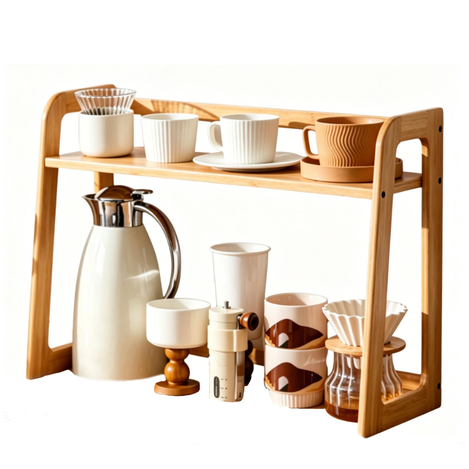 UCK-KIT Coffee Station Organizer, Wooden Mug Holder Countertop, Kitchen Counter Shelf for Tea Coffee Bar Accessories, Cup Display, Matcha Stand, Condiment Storage Rack,primary color,24in