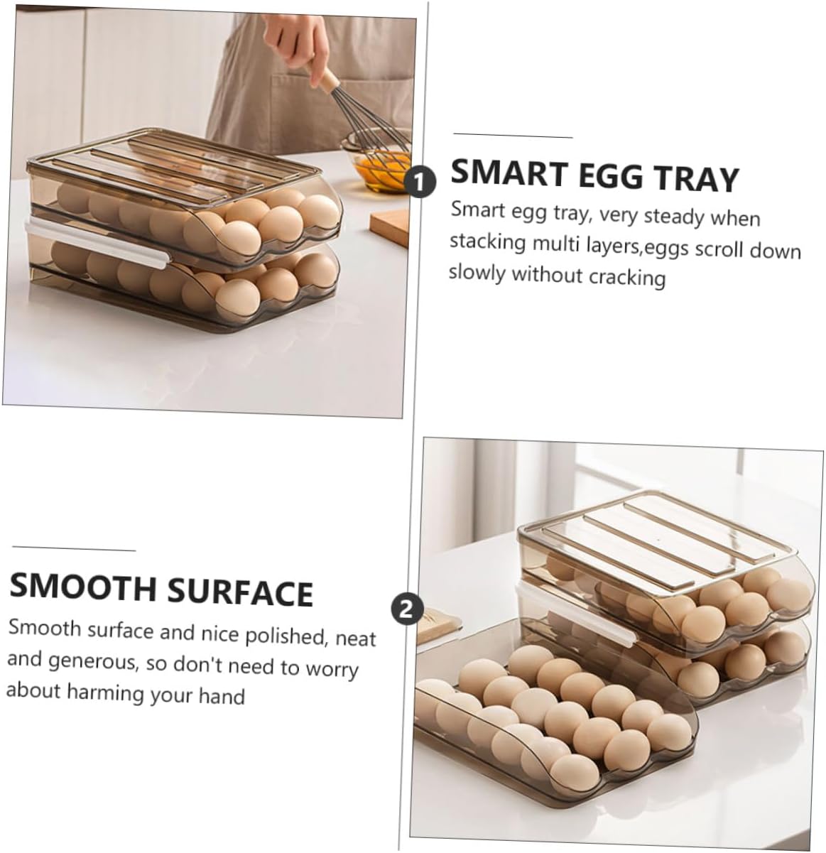 KALLORY 2-layer Egg Storage Box for Refrigerator, Plastic Auto Scrolling Egg Holder Tray, 36-egg Capacity Organizer for Kitchen Fridge Storage