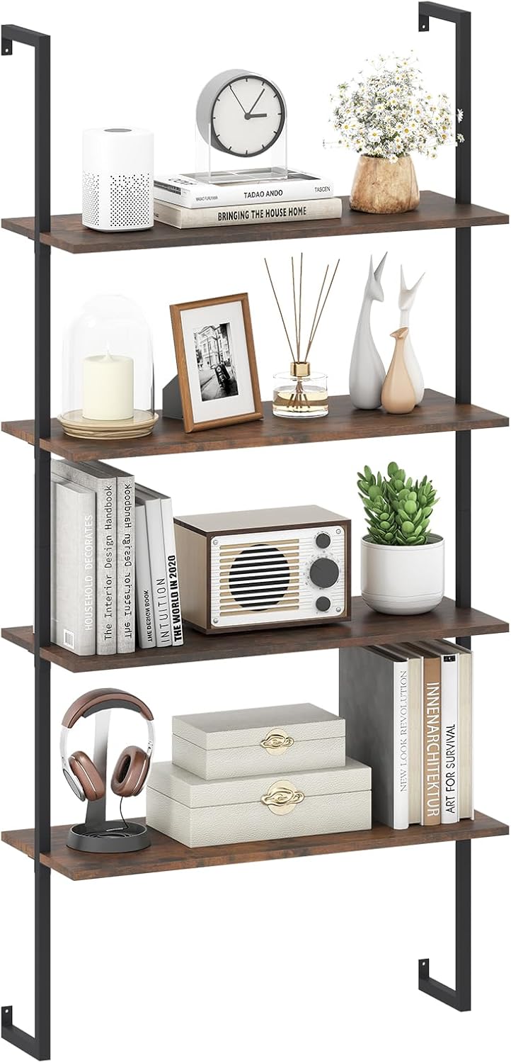 Tangkula 4-Tier Wall-Mounted Bookshelf, Industrial Floating Storage Display Shelves with Metal Frame, Wall-Mounted Ladder Wooden Bookcase for Living Room, Kitchen, Bar, Office (1, Brown)