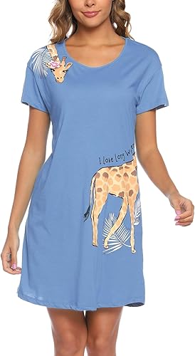 Miniatura 2 de ENJOYNIGHT Camisón para mujer de algodón con mangas cortas, camisón casual con estampado para dormir