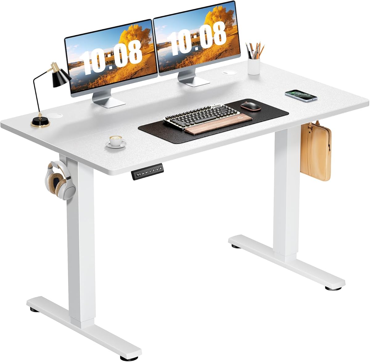 Sweetcrispy Electric Standing Desk Adjustable Height, 48x24 Inch Sit Stand Up Home Office Desks Computer Workstation PC Work Table with 3 Memory Preset Splice Wood Board Metal Frame, White