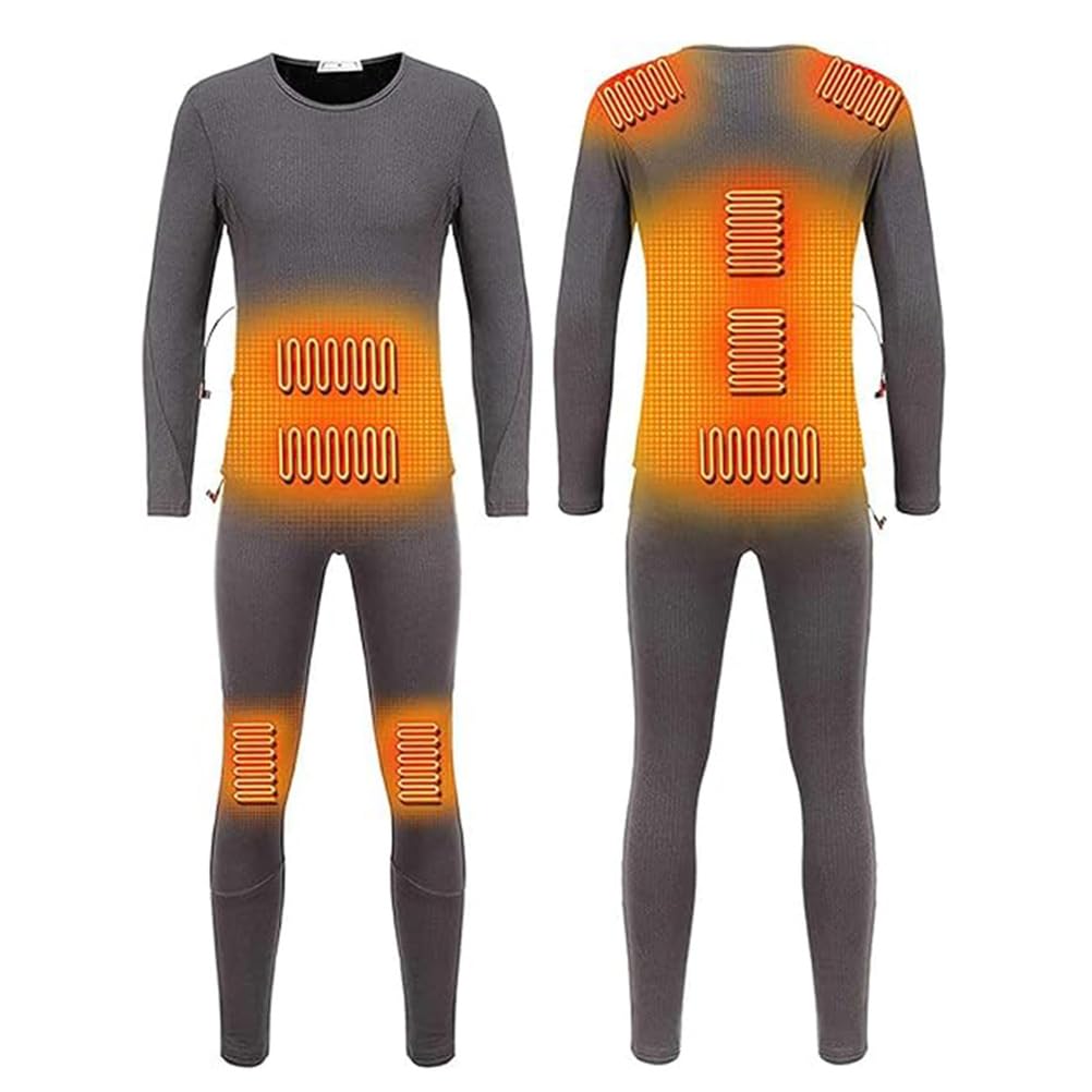 Conjunto de Ropa Interior Térmica Calefactable USB para Hombre y Mujer, Incluye Pantalón y Camiseta Térmica con 9 Zonas de Calefacción y Forro Polar,Gris,M