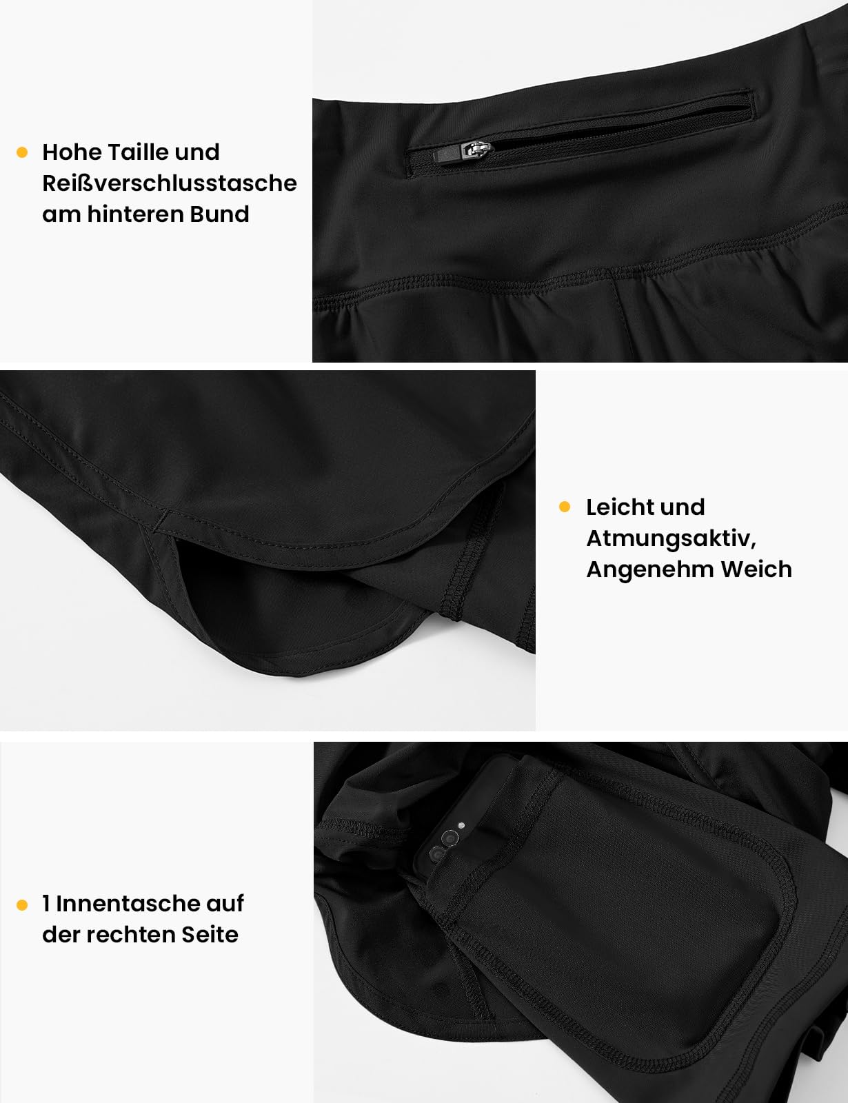 donhobo Short de sport d'été 2 en 1 pour femme - Séchage rapide - Pour fitness, yoga, jogging, entraînement L Noir